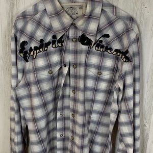Gray and white plaid Joystick shirt.